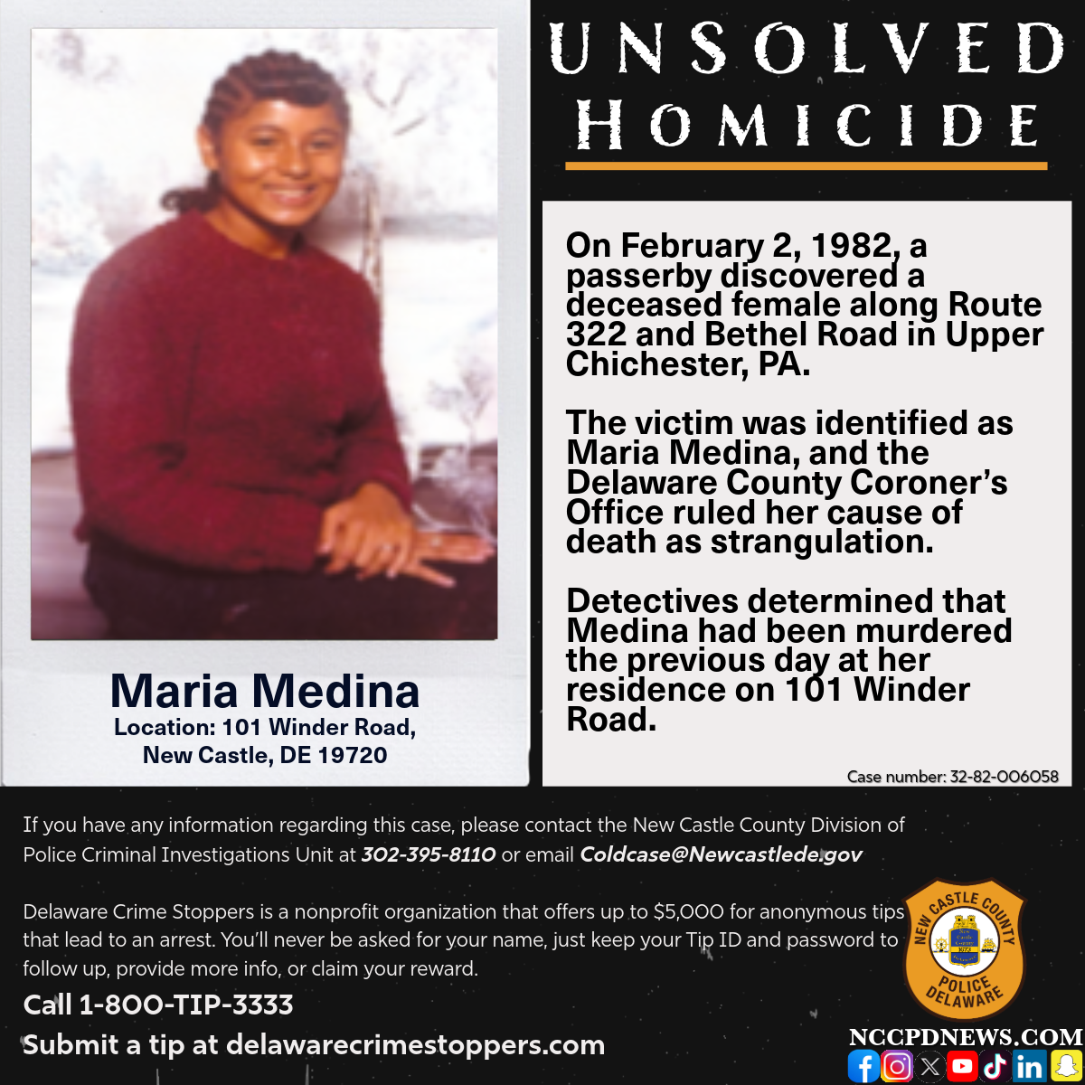 COLD CASE HOMICIDE: MARIA MEDINA (1982) – New Castle County Police